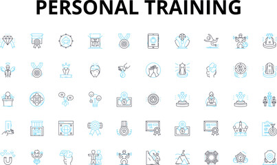 Personal training linear icons set. Fitness, Exercise, Strength, Endurance, Conditioning, Health, Flexibility vector symbols and line concept signs. Agility,Wellness,Motivation illustration