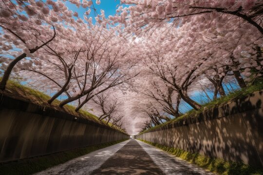 cherry blossom tunnel, with a view of the blue sky and clouds, created with generative ai