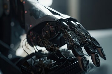 close-up of robotic hand, with tools and wires visible, performing maintenance or repair on other robots, created with generative ai