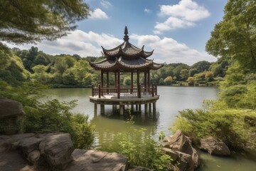 Fototapeta premium peaceful setting with view of tranquil lake and pagoda in the distance, created with generative ai