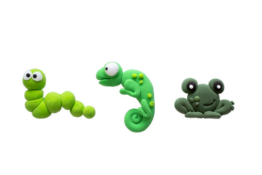 Plasticine frog, caterpillar, chameleon on a white background