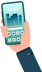 Hand holding mobile phone with home screen.Touchscreen with search bar.City illustration