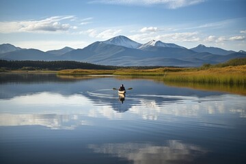 person, paddling canoe on tranquil lake, with mountain range in the background, created with generative ai