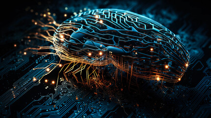 human brain with circuit board background. Artificial intelligence concept. Generative AI