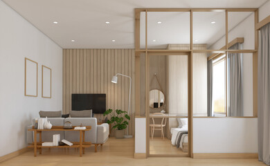 Modern japan style living room and bedroom decorated with glass wall and wood slat wall. 3d rendering
