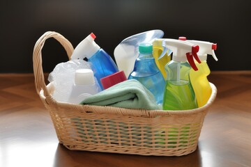 a basket of cleaning supplies, ready for a spring clean, created with generative ai