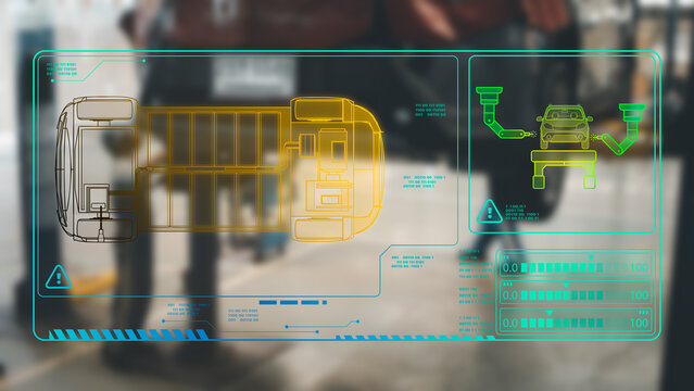 Car engine checks with hologram in dashboard interface on blurry repairman in the garage. The concept of engine service hologram communication.