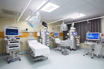 intensive care unit, with high-tech medical equipment and monitoring devices visible, created with generative ai