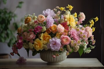 bright bouquet of pastel flowers in delicate vase, created with generative ai