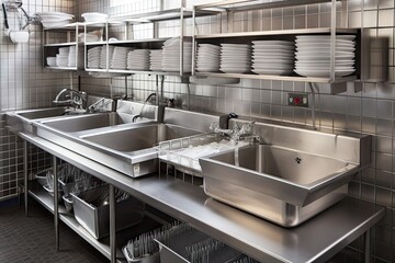 cleaning stations with sinks, soap dispensers and drying racks for dishes, created with generative ai
