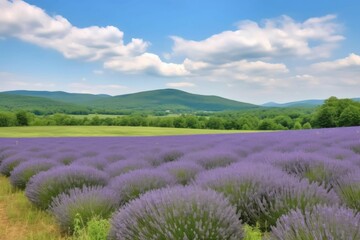 Fototapeta na wymiar lavender field with view of rolling hills and blue sky, created with generative ai