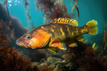 brilliantly colored fish swimming among kelp in warm waters, created with generative ai