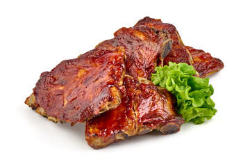 Delicious spicy marinated ribs in a bbq or tomato sauce, isolated on white background.