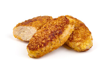 Fried cutlets in bread crumbs, Isolated on white background.
