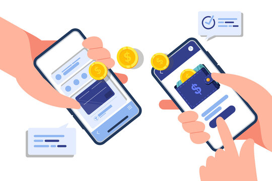 Mobile money transfer with hand holding mobile phone.Transfer money by online internet banking all around the world illustration.