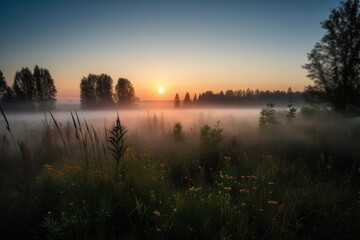 Fototapeta na wymiar sunrise, with the sun peeking over the horizon and illuminating misty meadow, created with generative ai