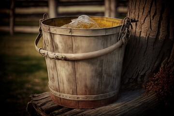 wooden bucket filled with fresh sap, ready to be boiled, created with generative ai