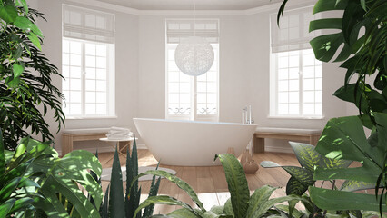 Jungle frame, biophilic idea. Tropical leaves over scandinavian minimal white bathroom with freestanding bathtub. Urban jungle interior design. Biophilia concept