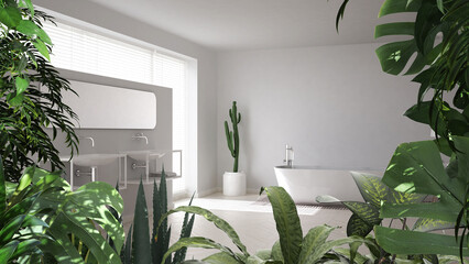 Jungle frame, biophilic idea. Tropical leaves over scandinavian minimal white bathroom with freestanding bathtub. Urban jungle interior design. Biophilia concept