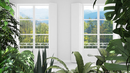 Jungle frame, biophilic idea. Tropical leaves over empty room with window with shutters. Urban...