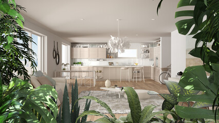 Jungle frame, biophilic idea. Tropical leaves over modern white kitchen and dining room. Urban...