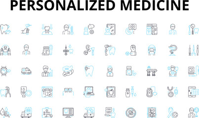 Personalized medicine linear icons set. Genomics, Pharmacogenomics, Biomarkers, Precision, Tailored, DNA, Individualized vector symbols and line concept signs. Therapy,Prognostic,Predictive