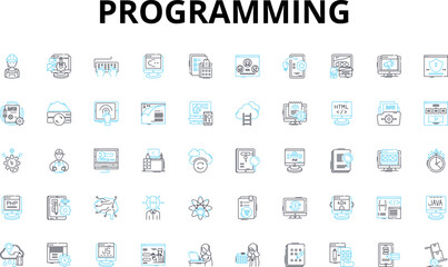 Fototapeta na wymiar Programming linear icons set. Debugging, Syntax, Function, Algorithm, Compiler, Loop, Variable vector symbols and line concept signs. Code,Framework,Paradigm illustration