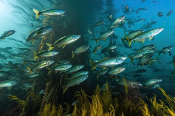 Fototapeta na wymiar large school of fish swimming among the kelp, created with generative ai