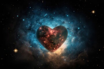 heart-shaped nebula with stars and planets in the foreground, created with generative ai