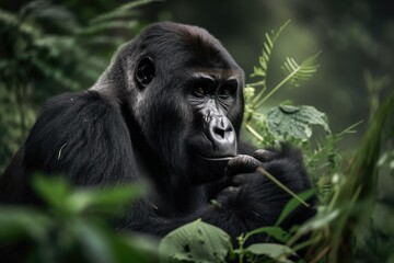 gorilla, exploring a lush forest and finding its next meal, created with generative ai
