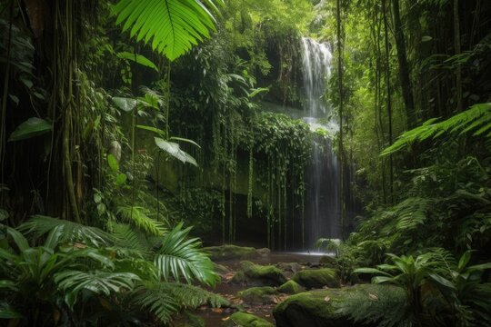 majestic waterfall cascading over lush jungle foliage, created with generative ai