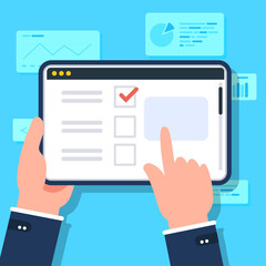 Business hand holding and using tablet touching the screen and using app word processing