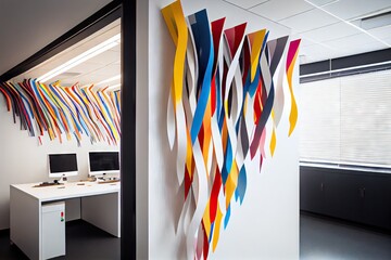 paper streamer hung on a wall in a modern office, created with generative ai