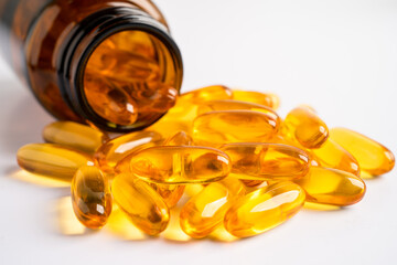 Fish oil Omega 3 capsules vitamin with EPA and DHA isolated on white background.