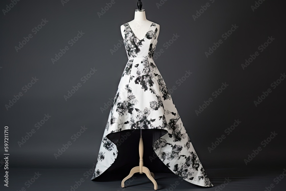 Canvas Prints floral print dress with high-low hem in a sleek black and white palette, created with generative ai