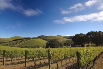 Obraz premium vineyard surrounded by rolling hills and blue sky, created with generative ai