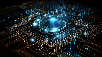A computer circuit board with a blue circle on the center. Futuristic network background. Generative AI