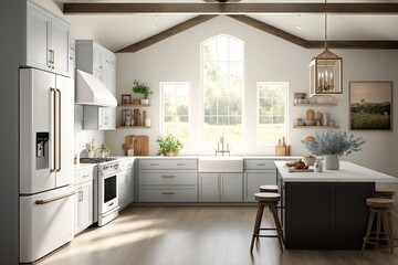 modern farmhouse kitchen with sleek appliances and natural light, created with generative ai - obrazy, fototapety, plakaty