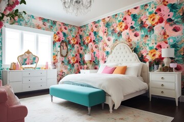 floral wallpaper in bedroom with white furniture, created with generative ai