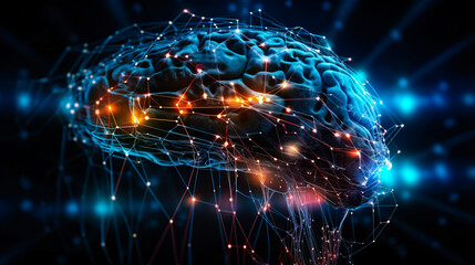 Naklejka na ściany i meble digital human brain with glowing connection lines on dark background. Generative AI