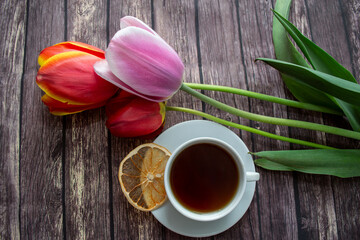 cup of tea and tulips