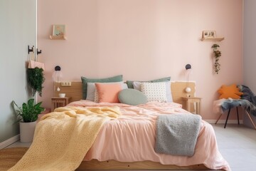 Fototapeta na wymiar lofi bedroom with pastel colors and plush bedding, created with generative ai