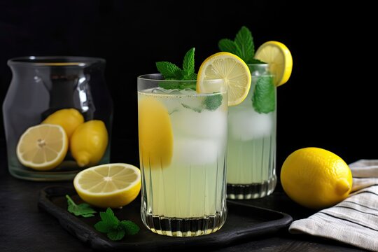 refreshing glass of lemonade, garnished with slice of lemon and sprig of mint, created with generative ai