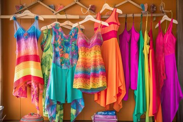 colorful mix of beachwear, including bikinis and cover-ups, in a variety of bright hues, created with generative ai