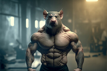 Fototapeta na wymiar anthropomorphic kneaded out muscular rat workout in gym, Generative AI