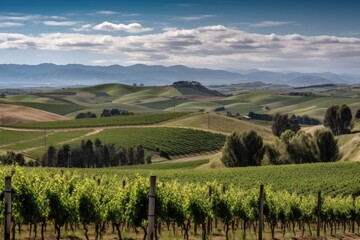Fototapeta na wymiar vineyard with view of rolling hills and distant mountains, created with generative ai