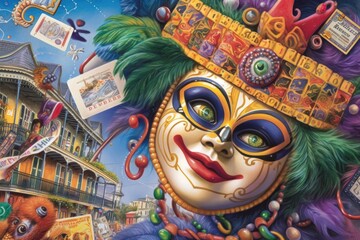 game of chance card with picturesque new orleans mardi gras parade in the background, created with generative ai
