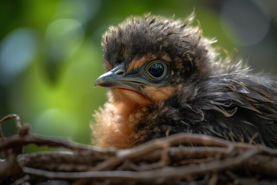 baby bird peeking out of nest, with its beady eyes and fluffy feathers, created with generative ai