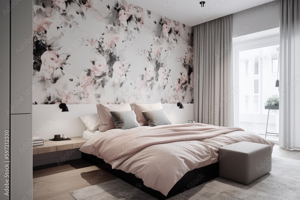 Canvas Prints modern minimalistic bedroom with floral prints in the mix, created with generative ai