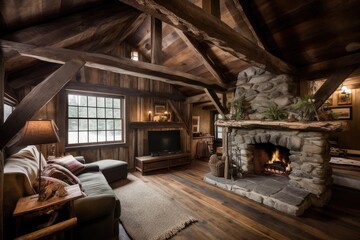 Fototapeta na wymiar cozy cabin retreat with charming rustic decor, including exposed wooden beams and stone fireplaces, created with generative ai